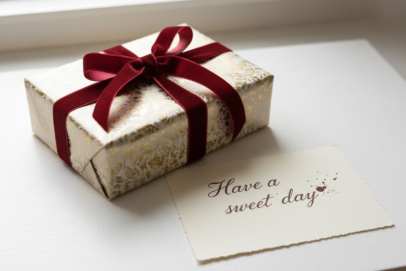 A gift box with a handwritten note beside it (“Have a sweet day”)