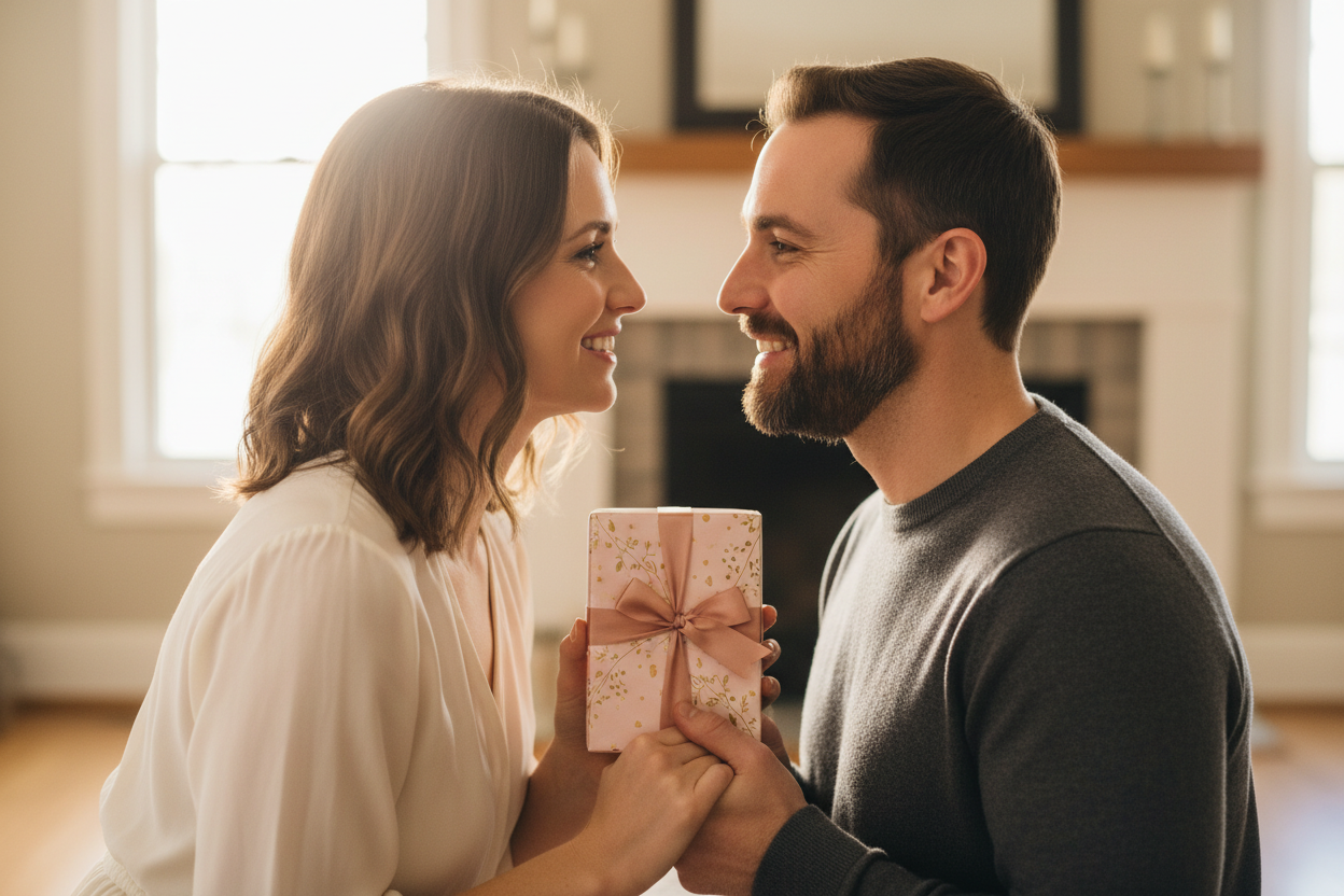 a lovely couple (around 30-40 years old) holding a deck of gift wrapped card and look at each other eye to eye with smile on face
