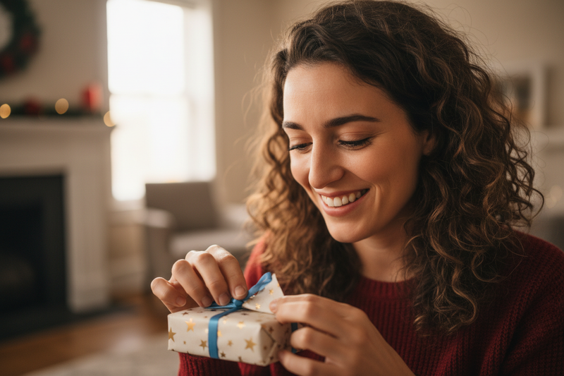 A partner opening a small present, with smile on face