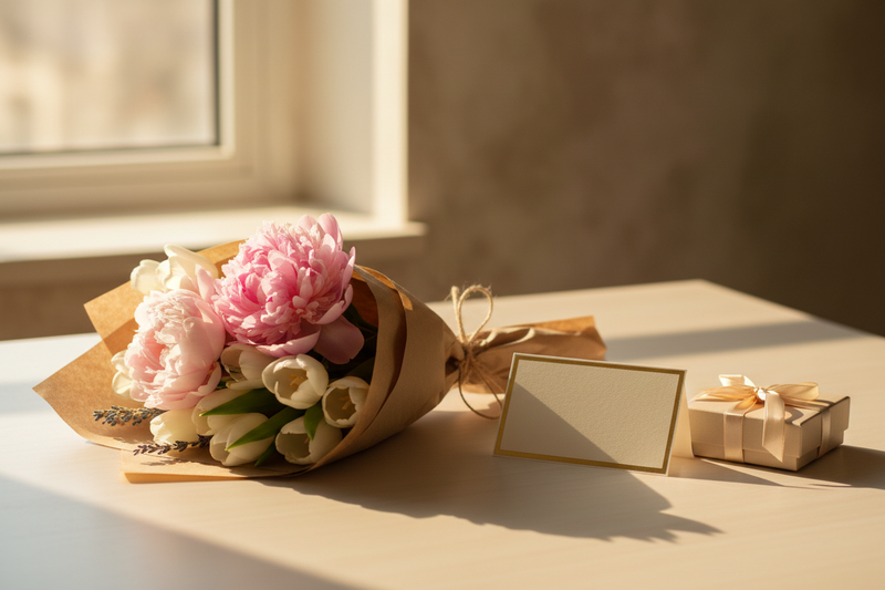 A simple beautiful flower wrapped in kraft paper (NOT red roses) place on the table, with gift card next to it, and a small modern gift box with ribbon, warm light