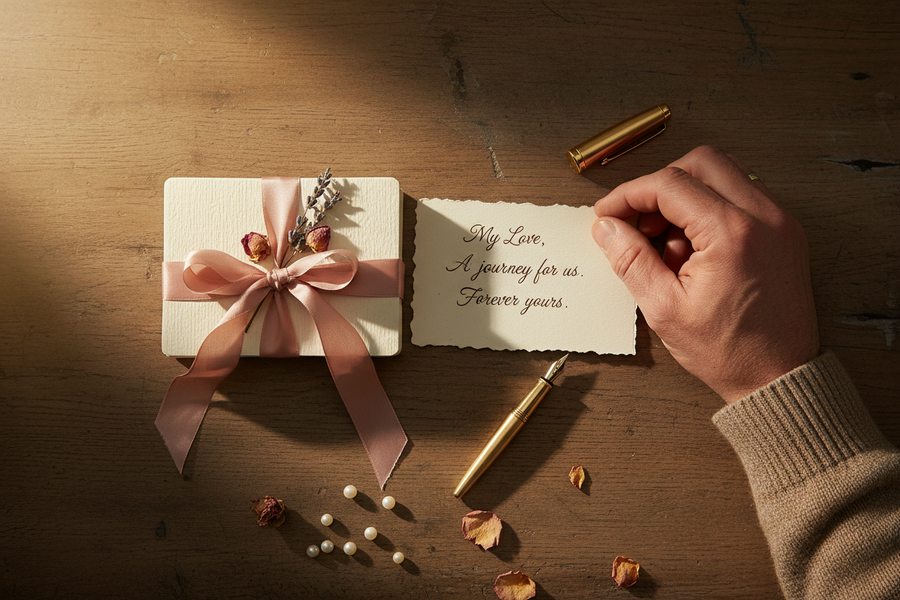 a soft, romantic flat-lay — a wrapped deck on a table with a handwritten note beside it, and a man’s hand placing it down.
