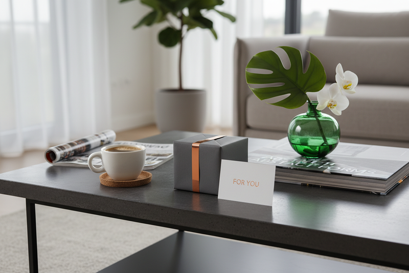 A well-arranged coffee table with a small modern gift box