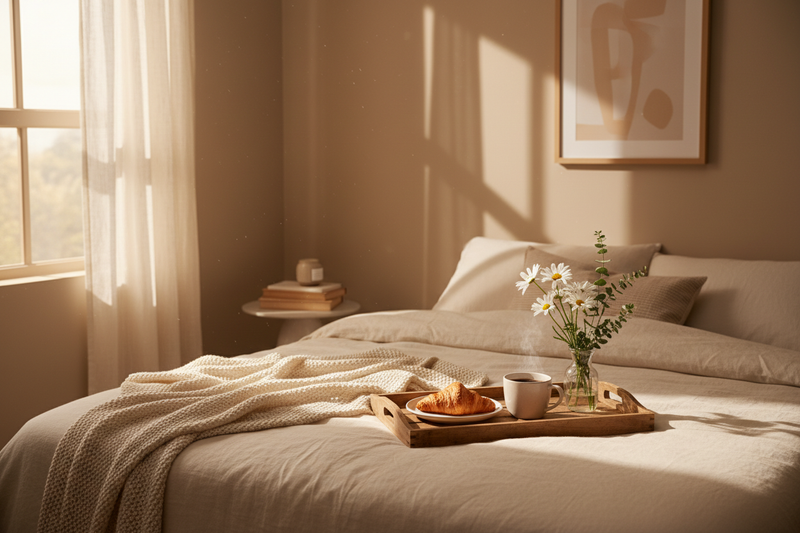 Cozy home scene, minimal decor, warm tones, soft sunlight, atmosphere of love and comfort. A cozy breakfast tray (croissant, coffee, flowers)