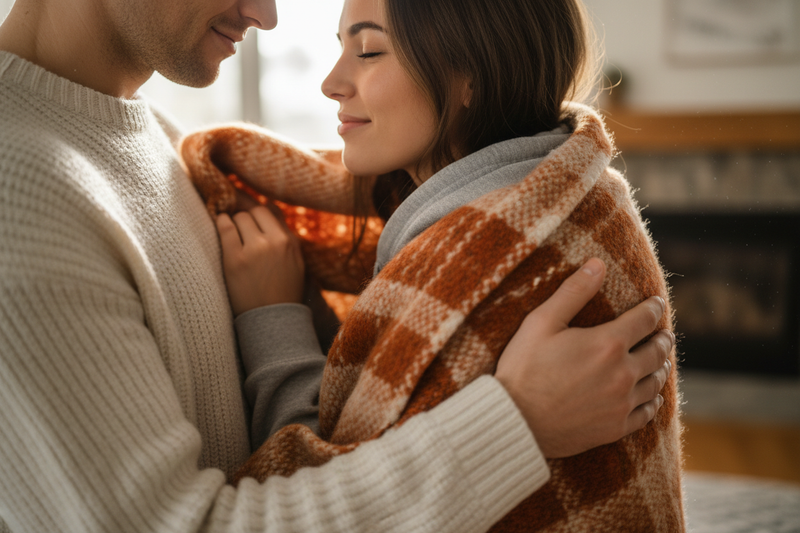 Lovely couple, one placing a blanket over another person (cropped)