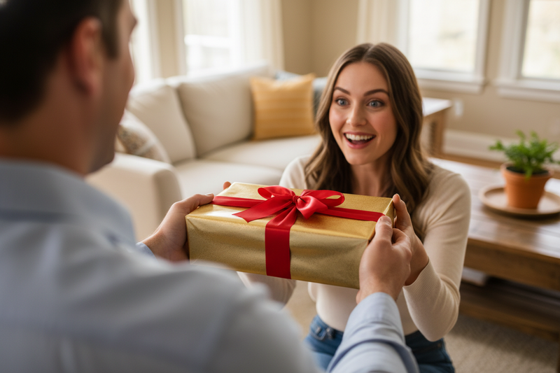 Photo taken behind the husband’s shoulder

You see the box being handed to the wife and the wife with happy/surprise face

Wife’s hands coming forward

Soft home background

Mood: intimate yet subtle