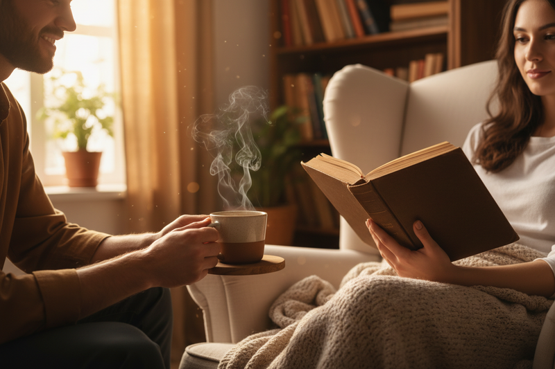 Someone placing a cup of coffee next to their partner