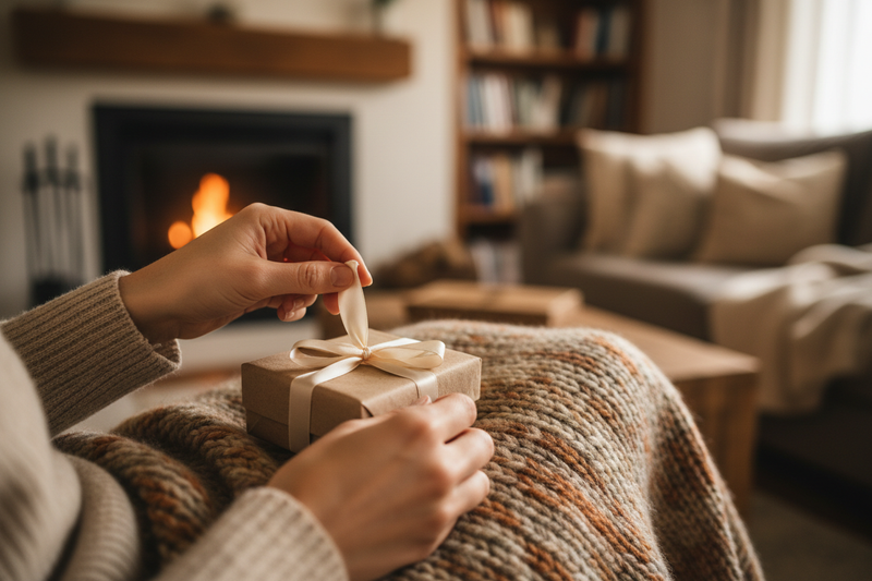 Very human, but still minimal.

Hands untying a ribbon

A person’s lap with a small gift resting on it

Fingers lifting the lid of a small box

A cozy setting: blanket, sofa, or bed

Mood: cozy, personal, authentic